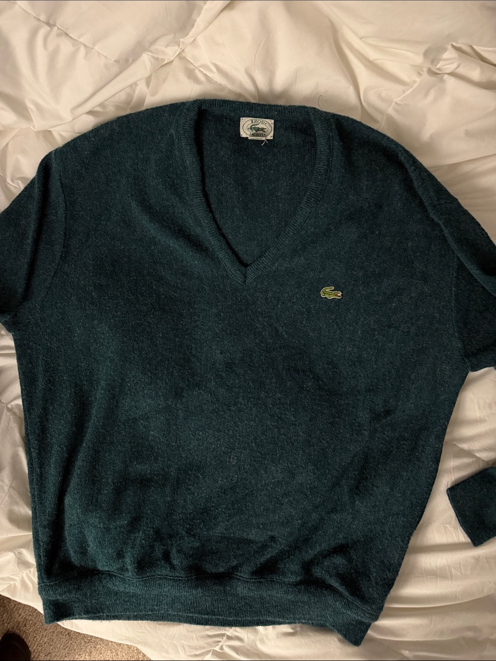 Lacoste V-Neck Sweater in Deep Teal with Embroidered Croc Men's XL